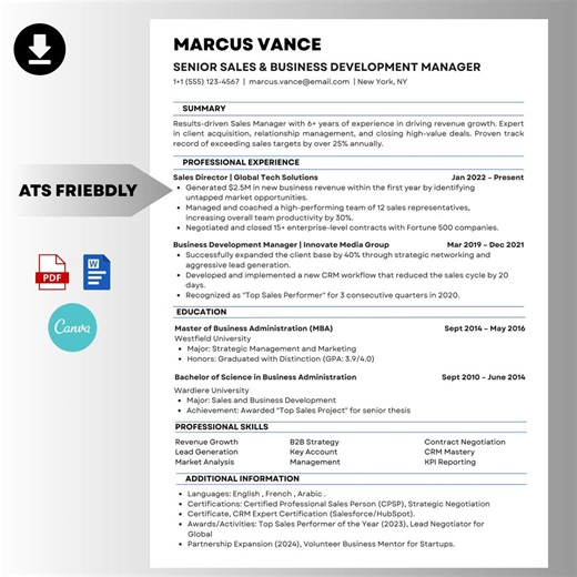 ATS Friendly Sales Resume Template, Business Development CV, Canva Editable (instant Download 2026 - Etsy