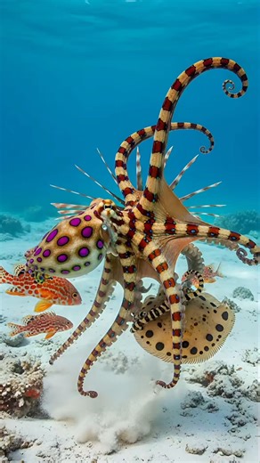 🦑 The Ocean's Shapeshifter vs. Spotted Invaders! The Mimic Octopus isn't just camouflaging—it's TRANSFORMING mid-fight! Watch this giant cephalopod covered in random iridescent spots battle rival spotted fish on the sandy reef floor. It can impersonate up to 15 different venomous species including lionfish, sea snakes, and flounders—choosing which form based on who's attacking! These intelligent creatures were only discovered in 1998 and can change color in under a second using thousands of chr