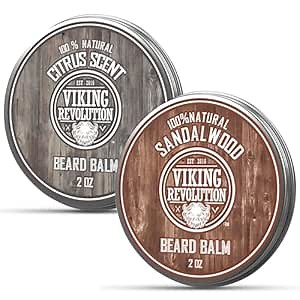 Viking Revolution Citrus and Sandalwood Beard Balm - Butter With Argan Oil, Softener With Jojoba Oil, Moisturizer With Beeswax - Wax for Men With Mango Butter (2oz, 2 Pack)