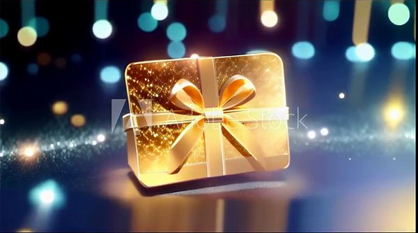 A gold gift box placed against a sparkling blue and gold background, edged with a white ribbon for a glamorous presentation.