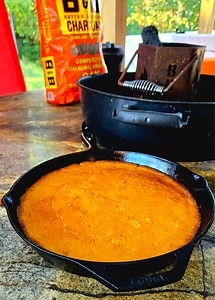 Smoked Cornbread on the Weber Kettle using B&B Charcoal briquets. Super simple recipe 2 box jiffy mix 2 eggs ½ cup milk 1 can cream corn 2 sticks butter.(1 stick melted for the batter, ½ stick to grease the pan, ½ stick to glaze at the end) Cook around 350-375 indirect until a toothpick comes out clean. Typically 45-60 minutes. #cookinwidkunchi #bbq #bbqlife #cornbread #bbcharcoal #teambandb #weberkettlegang | Cookin Wid Kunchi