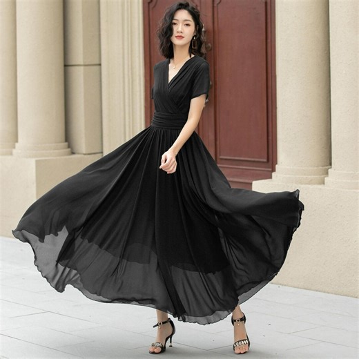 Black Chiffon Maxi Prom Dress for Women – V Neck Short Sleeve Swing Wedding Guest Dress, Xiaolizi 6144 - Etsy