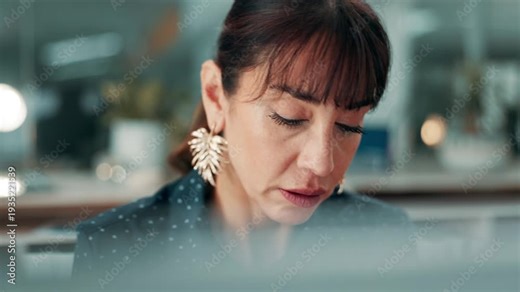 Computer, stress and thinking with journalist woman in office for editing, news or reporting. Article, deadline and problem solving with mature person in workplace for management as executive editor