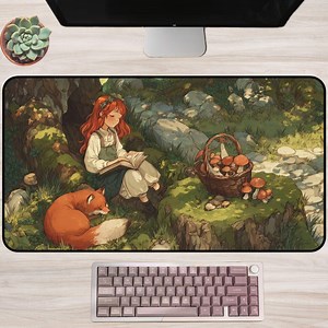 Cottagecore Desk Mat | Girl Reading in Forest With Fox and Mushrooms, Cozy Anime Style Mouse Pad for Rustic Aesthetic Setups - Etsy Canada