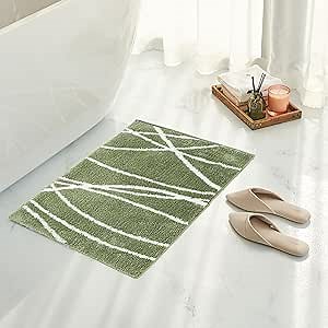 Tititex Luxury Sage Green White Curve Line Bathroom Rug, 20x32 inch Extra Soft and Absorbent Microfiber Bath Rugs, Non-Slip Plush Shaggy Bath Carpet, Bath Mats for Bathroom Floor, Tub and Shower