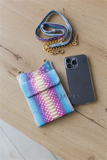 Rainbow Python Leather Phone Pouch: Slim Crossbody Bag With Gold Chain - Etsy