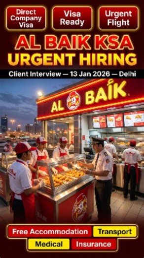 jobswindportal12 on Instagram: "AL BAIK Company — Saudi Arabia Urgent Hiring 🇸🇦 Direct Company Visa | Visa Ready | Urgent Flight Client Interview — 13 January 2026 — Delhi me Vacancies Available: Restaurant Supervisor Shift Supervisor Shift Manager Senior Captain Senior Team Member 💰 Salary — 1650 + 170 Meal Coupon + OT 🕒 Duty — 8 Hours 🎯 Experience — 4 to 5 Years Required 🎁 Company Benefits: Free Accommodation • Transportation • Medical • Insurance AL BAIK jaise top Saudi brand ke saath f