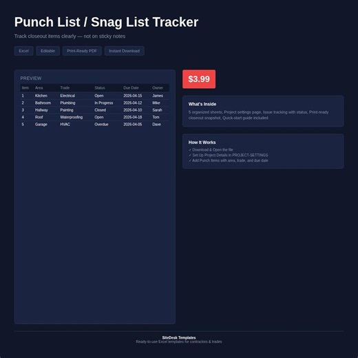 Punch List Template, Snag List Tracker, Closeout Checklist, Editable Excel Defect Log - Etsy