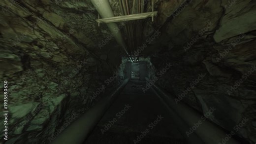 dark underground tunnel with pipes, two parallel pipes running along damp concrete floor toward rusted metal door under greenish fluorescent glow, narrow