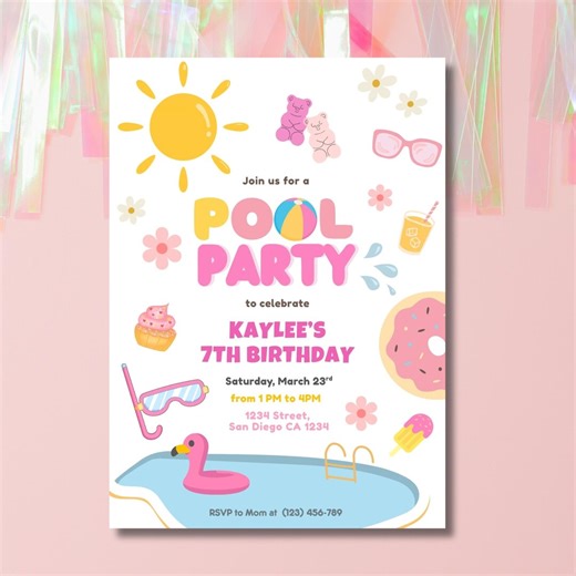 Girls Pool Party Birthday Invitation, Summer Celebration, Editable Canva Template (digital Download) - Etsy