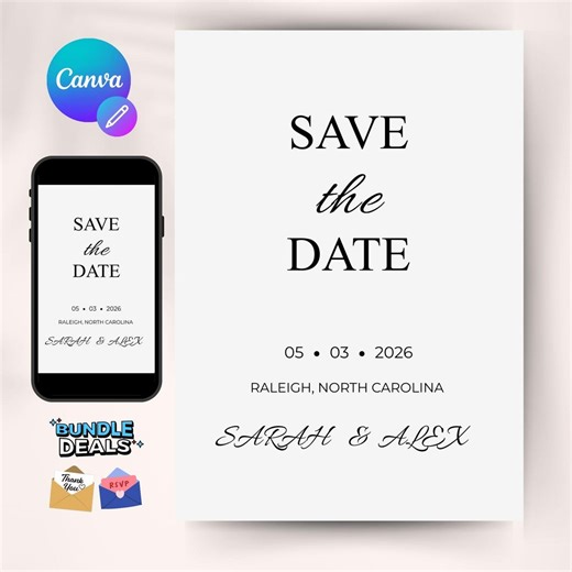 Save the Date Card Template Canva, Editable Minimalist Wedding Save Date, Simple Modern Printable, Instant Download