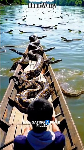 A rare event of a man navigating a river filled with swimming pythons.