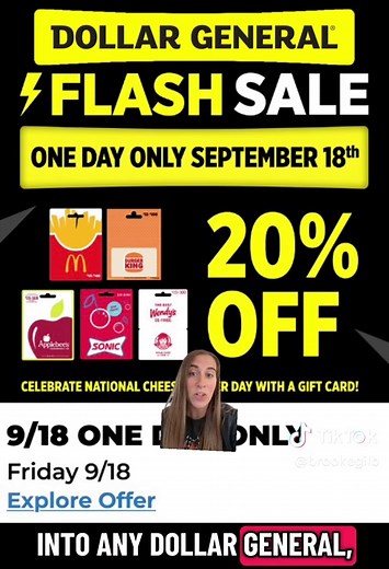 This deal is valid on September 18th at Dollar General!!!! 20% off these places is SUCH a good deal!!! Grab some for yourself or stock up for Christmas gifts. I’m grabbing Sonic & McDonald’s. Which ones are you buying on Friday?! #deals #dollargeneral #dollargeneralcouponing #giftcards