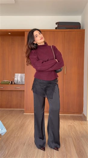 farheen on Instagram: "how cool are these pants they come with the lace wrap🍒 ps you can layer tights underneath if it’s extra cold🤎 comment /share this reel with me for links #reels #falloutfit #winteroutfit #winteroutfitideas #winteroutfits #winterfashion #layering #grwm #sweater #satinpants #getreadywithme #fyp"