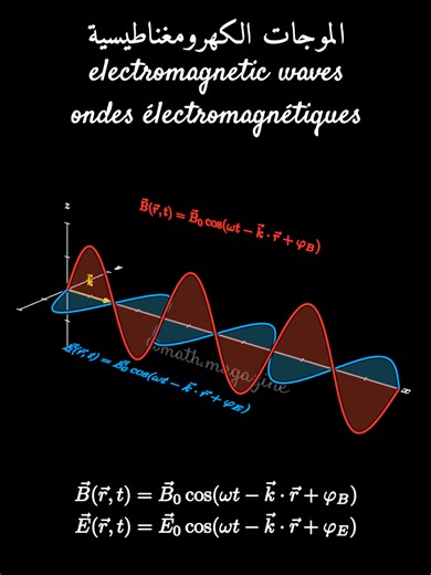 Electromagnetic waves have two perpendicular fields: electric and magnetic. They oscillate sinusoidally and move together through space — this is how light travels. الموجات الكهرومغناطيسية تتكوّن من مجالين متعامدين: كهربائي ومغناطيسي، يتذبذبان بشكل جيبي وينتقلان معًا عبر الفضاء — هكذا ينتقل الضوء. 📌Support us - Like/Share/Follow👆❤️ ✅Follow @math.magazine 🔥 for more !!... ✅Follow @manim.animations 🔥 for more !!... ✅Follow @math.magazine.ma 🔥 for more !!... #math #science #education #physics 
