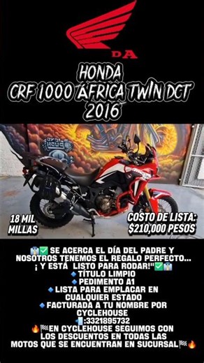 ❗️️️️️𝗗𝗜𝗦𝗣𝗢𝗡𝗜𝗕𝗟𝗘❗️HONDA CRF 1000 AFRICA TWIN DCT MODELO:2016 CON 18 MIL MILLAS EN $210,000 PESOS .