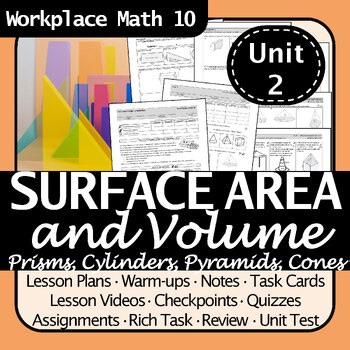 Workplace Math 10 Surface Area & Volume Unit | Prisms Cylinders Pyramids Cones