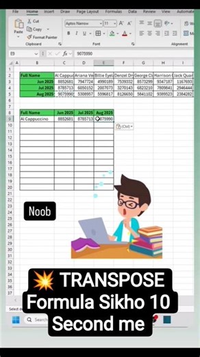 💥 TRANSPOSE Formula Sikho 10 Second me | Excel Tips & Tricks #ExcelTutorial #excel #shorts #ytshorts