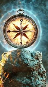 Golden compass glowing on rock, guiding light animation