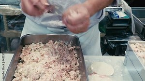 Making Dim Sum. Chef preparing Dim sum dumplings. Kneading the dough and making Chinese dim sum pork dumplings. Dim sum dumplings it's the most popular and famous food in China. also Xiao long bao.