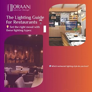The Lighting Guide for Restaurants 🍷 💡 Set the right mood with these lighting types: ✔️ Warm, dim lighting – Best for fine dining ✔️ Bright lighting – Works well in casual, fast-paced eateries ✔️ Statement fixtures – Add a luxurious touch 💬 Which restaurant lighting style do you love? 💾 SAVE this for your restaurant planning! . . #OraanjInteriorDesign #RestaurantLighting #LuxuryDining #HospitalityDesign #InteriorStylist | Oraanj Interior Designs