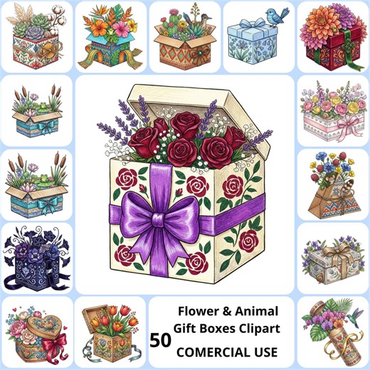 Flower Animal Gift Boxes Clipart PNG Bundle, Decorative Present Graphics, Botanical Gift Art, Ornate Package Illustration, Nature Gift Boxes - Etsy