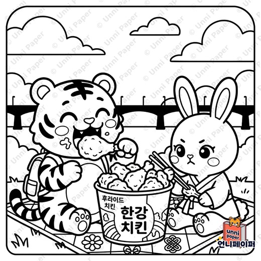 Korean Fried Chicken Coloring Page | Han River Picnic Scene (PDF Download) - Etsy