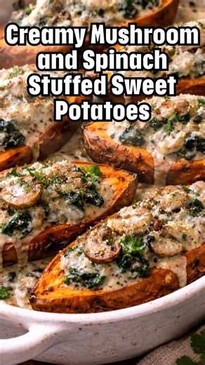 Creamy Mushroom and Spinach Stuffed Sweet Potatoes Soft, roasted sweet potatoes filled with a rich, creamy mushroom and spinach mixture—this comforting dish is simple, satisfying, and perfect for any day of the week. 🛒 Ingredients 4 medium sweet potatoes 2 tbsp olive oil Salt and black pepper, to taste 1 tbsp butter 1 small onion, finely chopped 8 oz (225 g) mushrooms, sliced 2 cloves garlic, minced 2 cups fresh spinach, chopped ¾ cup heavy cream ½ cup grated Parmesan cheese ½ tsp dried thyme (