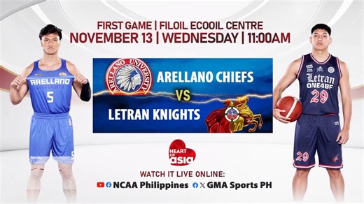 GET READY FOR AN EPIC BACK-TO-BACK-TO-BACK BASKETBALL SHOWDOWN! 🏀🔥 GAME 1 - 11:00 AM Arellano Chiefs VS. Letran Knights GAME 2 - 2:30 PM San Beda Red Lions VS. Benilde Blazers GAME 3 - 6:00 PM San Sebastian Stags VS. Mapua Cardinals Catch the games today, November 13 at the FilOil EcoOil Centre in San Juan! LIVE on GTV and Heart of Asia, and via livestream on NCAA Philippines and GMA Sports PH. #NCAASigloUno #NCAA100 #GMASynergy | GMA Sports PH