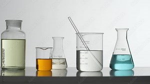 Close-up of an erlenmeyer flask containing a blue liquid placed on a shelf by a scientist. The camera pans across a series of lab glassware with colorful liquids, front angle video for advertising
