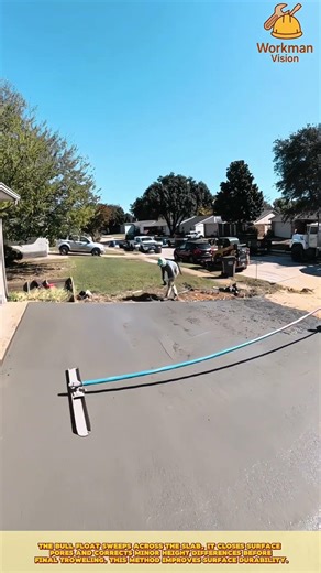Skilled Worker Floating Fresh Concrete Surface Using Long Handle Bull Float for Smooth Slab Finish