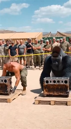 competition between a muscular, shirtless man and a large gorilla, surrounded by a crowd of onlookers in what appears to be a military or outdoor setting. The man struggles to lift a heavy engine block from the ground. In contrast, the gorilla effortlessly picks up a similar engine block, lifts it over its head, and then places it back down, demonstrating superior strength. The crowd reacts with amazement, and the man appears to concede defeat to the go✊ | Gorilla Prank 2