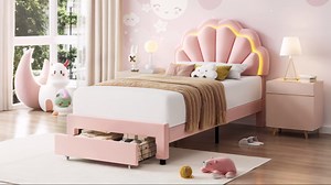 Homfa Twin Bed Frame with Storage & LED Light, Velvet Upholstered Platform Twin Bed with Adjustable Petal Headboard, Pink