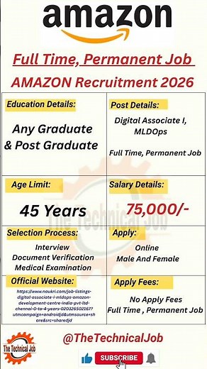 🚨Amazon Recruitment 2026 | ₹75,000 Salary | Graduate Apply | Full Time Job #amazon #todayjobvacancy