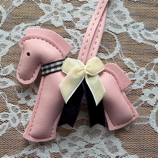Preppy Pink Horse Charm, Faux Leather, Ivory Velvet Bow, Gingham Neckband , Equestrian Gift - Etsy