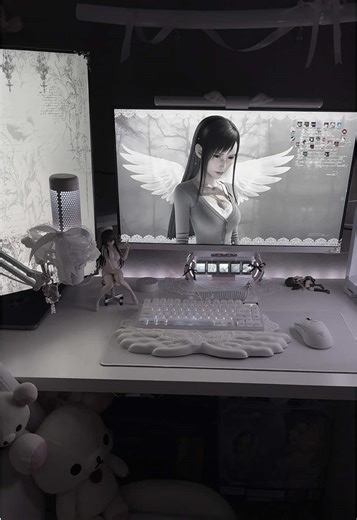 a little sneaky peaky into what i’ve been working on.. idk if i like the lights they look weird on my setup 😓😓 #whitesetup #setupinspiration #pcsetup #white #cute
