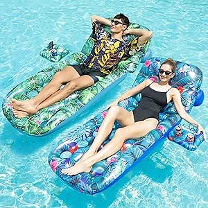 FindUWill Pool Floats Adult - 2 Pack Pool Float Lounger, Inflatable Pool Floats with Cup Holder, Backrest, Heavy Duty Pool Float Rafts, Cooling Pool Floaties for Vacation