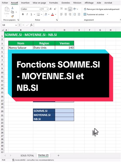 Fonctions SOMME.SI - MOYENNE.SI et NB.SI #excelastuces #exceldebutant #exceltips #excel