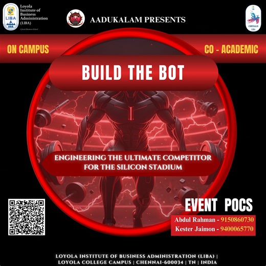 STUDENT ACTIVITIES COUNCIL on Instagram: "EVENT NAME : BUILD THE BOT – Chrysalis 2026 On-Campus Co-Academic Event – When muscle meets microchip. Engineer the ultimate competitor for the silicon stadium. Design, build, and battle your bot to glory. 🤖⚙️🔥 ‼️ LINK IN BIO ‼️ 📲 Registrations are LIVE now on Unstop! 📍 Venue: LIBA, Loyola Campus 📅 Event Date: February 12th, 2026 🎯 What to Expect: - Robotics design & combat rounds - Engineering precision meets competitive spirit - Prizes for the mo