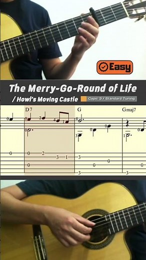 The Merry-Go-Round of Life / Howl’s Moving Castle (Easy Guitar) #guitartab #fingerstyle #guitar