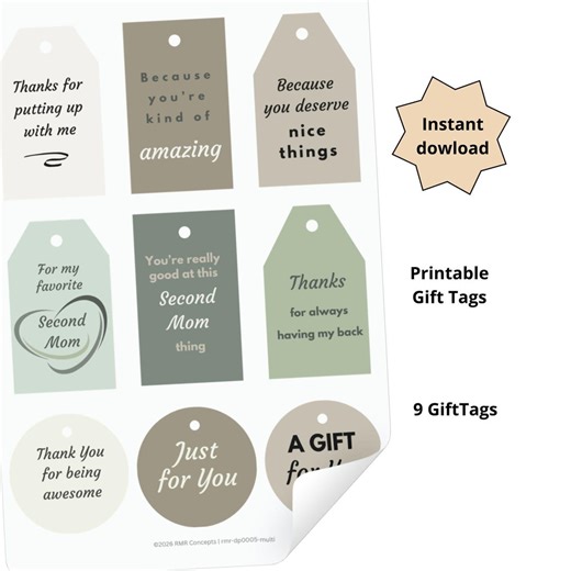 Gift Tags for Second Mom, Minimalist Beige Black Olive Green, Funny Mother's Day Tags, Printable PDF, Instant Download