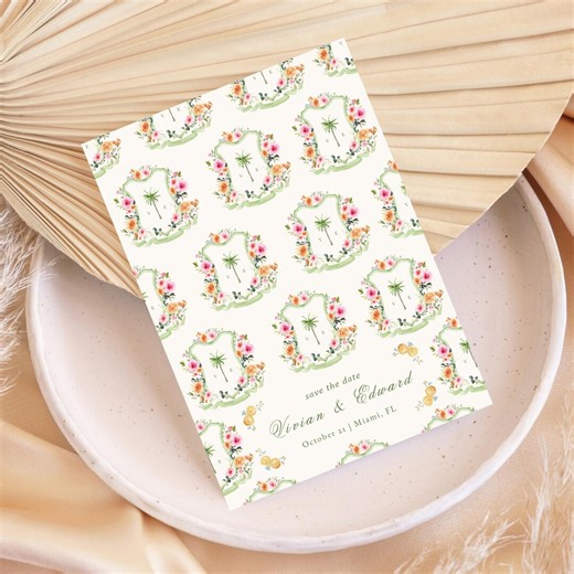 Palm Tree Crest Monogram Save the Date – Summer Boho Gold Wedding, Editable Coastal Invitation - Etsy