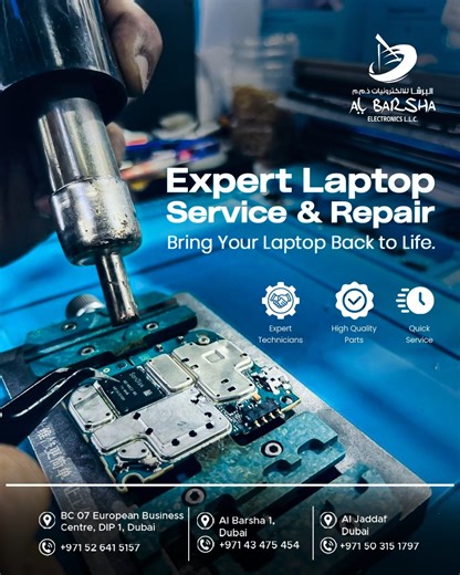 Restore your laptop’s performance with quick, dependable repair experts. ✅ Skilled & Verified Technicians ✅ Clear, Honest Service ✅ Reliable, Long-Lasting Repairs 📞call us now 📍 Al Barsha 1, Dubai | 971 43 475 454 📍 DIP 1, Dubai | 971 52 641 5157 📍 Al Jaddaf, Dubai | 971 50 315 1797 #AlBarshaElectronics #LaptopRepairDubai #LaptopServiceDubai #ExpertLaptopRepair #LaptopFixDubai #ComputerRepairDubai #TechServiceDubai #ElectronicsRepairDubai #DubaiTechSupport #LaptopUpgradeDubai #MacbookRepairD