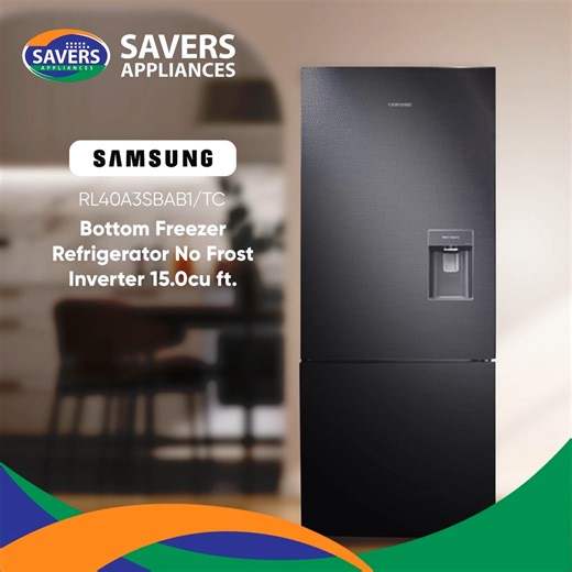 What if your refrigerator could preserve food and the environment at the same time? The Samsung Bottom Freezer Refrigerator No Frost Inverter 15.0 cu ft. RL40A3SBAB1/TC consumes 20% less energy than standard models. It is designed to optimize the refrigerator's cooling performance and preserve food while being kind to the environment. Plus, it has a shelf that opens up more space, so you can store more of your favorite foods in one place. Visit #SaversAppliances now! #Samsung #Refrigerator | Sav