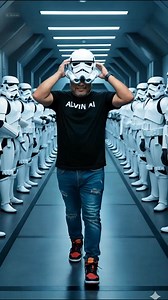 Stormtroopers! By: ALVIN AI Video Prompt: Description: A man in a dark uniform walking down a line of Stormtroopers. As he walks, he smoothly puts on a Stormtrooper helmet while the troopers on both sides snap a military salute. Visuals: Setting: A clean, futuristic military corridor. Action: The man raises the helmet, puts it on as he passes the saluting troopers, and continues walking. Style: Cinematic, high-contrast, sci-fi aesthetic. | ALVIN AI