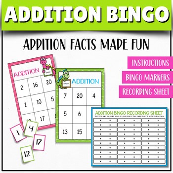 Addition Bingo Game (Numbers 1–20) | Addition Facts Math Practice Printable