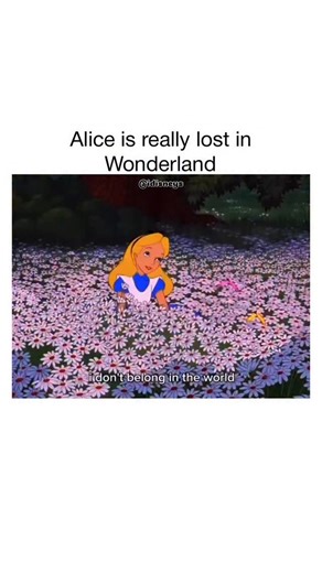 disney | movies | memes on Instagram: "This clip is from the 1951 Disney animated classic, Alice in Wonderland. Video Summary The video features a melancholic edit of Alice as she wanders through the Tulgey Wood. • It opens with Alice lying among a field of flowers, expressing a deep sense of isolation and the feeling that she doesn’t belong in the world. • As she moves through the forest, the scene transitions to a small blue bird attempting to fly away, only to be repeatedly blocked by the env
