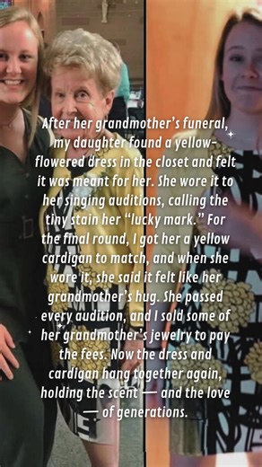 My daughter took that yellow-flowered dress from her grandmother’s closet, and when she put it on, it felt as if she’d been waiting for that moment all her life. After the funeral, we spent hours sorting through her things; everything in the house moved slowly, gently. The grandchildren had already gone home — some carrying a scarf, others empty-handed — because there comes a moment when grief leaves you frozen. But that dress — the black geometric pattern, those bold chrysanthemums — it was as 