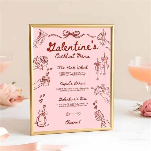 Galentine’s Day Drink Bar Menu Template | Editable Canva Valentine Cocktail Menu | Bow Aesthetic Printable Sign - Etsy