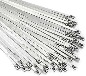 100pcs Metal Zip Ties 11.8 inch 304 Stainless Steel Zip Ties Heavy Duty Multi-Purpose Self-Locking Cable Ties for Machinery, Vehicles, Exhaust Wrap, Farms, Pipes, Roofs, Cables